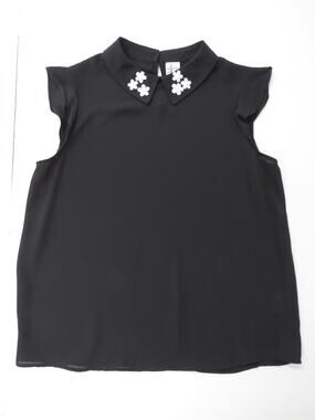 ELLE Women's Small Black Chiffon Blouse White Embroidered Flowers Whimsigoth